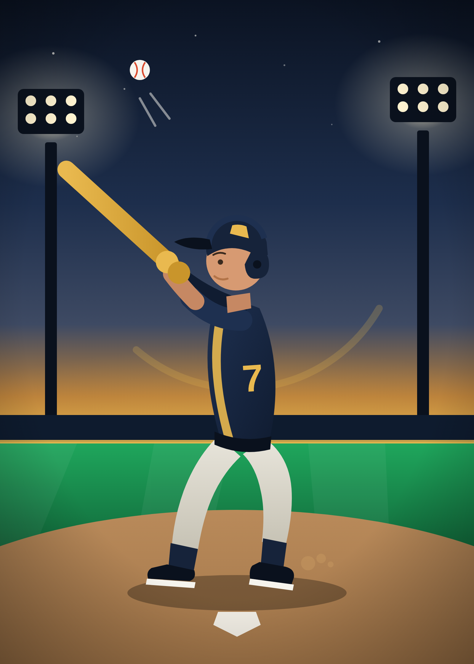 Illustration of a youth baseball player mid-swing under stadium lights at dusk